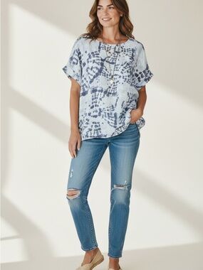 Bellambia Blue Tie-Dye Short Sleeve Linen Top Size Large